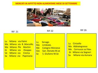 MERCATI IN AFFITTO NON ALIMENTARE MESE DI SETTEMBRE
RIF 21 RIF 22 RIF 26
Lu Milano via Palmi
Ma Milano via B .Marcello
Me Milano Ple Martini
Gi Milano via Osoppo
Ve Milano via Crema
Sa Milano via Papiniano
Lu Senago
Ma Limbiate.
Me Cologno Monzese
Gio San. Donato M.se
Sa S. Giuliano M.Se
Lu Cinisello
Ma Abbiategrasso
Me Cernusco sul Nav.
Gi Milano via Segneri
Sa Milano via Asmara
 