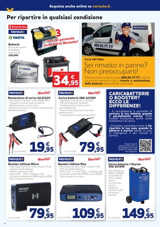 Acquista anche online su norauto.it
Per ripartire in qualsiasi condizione
Mantenitore di carica 1A 6/12V
- Per batterie Piombo-acido, AGM, EFB.
- Indicatore di inversione di polarità.
- Protezione da cortocircuito.
- Riavvio automatico in caso di interruzione
dell’alimentazione.
Carica batterie 10A 12/24V
- Indicatore inversione di polarità.
- Microprocessore multifase
- Protezione da cortocircuito e
surriscaldamento
- Riavvio automatico per mancata
alimentazione
- Compensazione della temperatura.
Cod. 2222085 Cod. 222208819,95
€
79,95
€
Carica batterie / Starter
35A 12/24V
Cod. 2223453
149,95
€
Cod. 2223449 79,95
€
Booster Lithium Micro
- Per motori benzina <3.0L e diesel <2.0L.
- LCD per livello batteria.
- Ricarica wireless 10 W
- Presa 12V - USB - Lampada a led.
- Corrente avviamento 300A e picco 600A
- Sacca trasporto inclusa.
Cod. 2223450 109,95
€
Booster Lithium Plus
- Per motori benzina <4.0L e diesel <3.0L.
- LCD per livello batteria
- Presa 12V - 2 uscite USB - Lampada a led.
- Corrente avviamento 400A e picco 800A.
- Sacca trasporto inclusa.
Novità!Novità!
Novità!Novità!
Novità!Novità!
Novità!Novità!
Carica batterie / Starter
35A 12/24V
Cod. 2223453 149,95
€
Per batterie da
40Ah a 600Ah
di autoveicoli,
SUV, camper,
veicoli
commerciali,
camion.
Dotato di
schermo LCD
e funzione
booster.
Novità!Novità!
33
anni di garanzia
anni di garanzia
su batterie Norauto!
su batterie Norauto!
€
34,95
A partire da
Batterie
Disponibili anche
Start&Stop
a partire da
129,95€
Telefonando al numero verde 800.95.77.77 richiedi
un pronto intervento per il riavvio o sostituzione
della batteria direttamente a domicilio.
S.O.S. BATTERIA
Sei rimasto in panne?
Non preoccuparti!
CARICABATTERIE
O BOOSTER?
ECCO LE
DIFFERENZE!
- Il caricabatterie ti permette di
caricare la tua batteria quando
è parzialmente scarica. Molti
modelli funzionano anche come
mantenitori di carica.
- Il booster permette invece di far
ripartire la tua auto quando la
batteria è scarica (ideale in caso
di emergenza o per veicolo in
panne).
Scopri tutta la
gamma di booster e
caricabatterie e scegli
quello più adatto alle
tue esigenze!
18
 