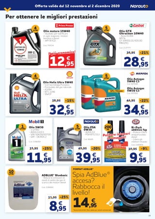 Per ottenere le migliori prestazioni
Offerte valide dal 12 novembre al 2 dicembre 2020
4LITRI Olio motore 15W40
- Studiato per lubrificare
in ogni stagione i motori
benzina e diesel
- API SF/CD
Cod. 793534
Olio Helix Ultra 5W40
- Con tecnologia Pureplus
- Formulato dal gas naturale
- A3/B4
- B71 2296
- SN/CF
Olio GTX
Ultraclean 10W40
- Acea A3/B4
API SL
CF VW501.01/505.00
MB229.1
Cod. 2137777
Olio Autogas
5W40 C3
Cod. 907008
Olio Autogas
5W30 C3
Cod. 907009
Olio 5W30
- 1 LITRO
- ACEA C2/C3
- VW 504.00/507.00
- GM - DEXOS 2
Cod. 2196004
Olio PSA
0W30
- ACEA C2
- PSA B712312
Cod. 96685
36,95 -21%
2828,95,95
€€
44,95 -22%
3434,95,95
€€
38,95 -15%
3232,95,95
€€
5LITRI
4LITRI
Cod. 2180806
GPL / Metano
5LITRI
1LITRO
5LITRI
Bi-Pack
additivo fap
- Pulisce il filtro
antiparticolato
diesel
- Libera gli
iniettori intasati
200ML
10,95
99,95,95
€€
-9%
€
Il più economico!
Il più economico!
12,95
Pulitore iniettoriPulitore iniettori
in omaggio!in omaggio!
15,95 -25%
11,95
€€
49,95 -20%
3939,95,95
€€
Rimessa a livello o
fusto da 10 litri?
Scegli la soluzione più
conveniente per te!
Rimessa a livello del liquido
*Senza limiti di litri. Non valido per veicoli commerciali.
*
€
14,95
FORFAIT ADBLUE®
ADBLUE® Bluebasic
- Riduce le emissioni di
ossidi di azoto dai gas di
scarico dei motori diesel
Cod. 2186664
11,95
88,95,95
€€
-25%
10LITRI
*Senza limiti di litri. Non valido per veicoli commerciali.
*
€
14,95
FORFAIT ADBLUE®
Spia AdBlue®
accesa?
Rabbocca il
livello!
19
 