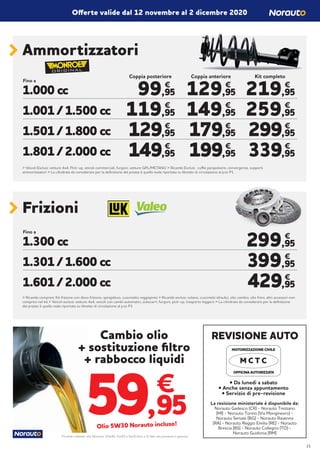 Ammortizzatori
Fino a
1.000 cc
1.001 / 1.500 cc
1.501 / 1.800 cc
1.801 / 2.000 cc
219,95
259,95
299,95
339,95
€
€
€
€
129,95
149,95
179,95
199,95
€
€
€
€
99,95
119,95
129,95
149,95
€
€
€
€
Coppia posteriore Coppia anteriore Kit completo
> Veicoli Esclusi: vetture 4x4, Pick-up, veicoli commerciali, furgoni, vetture GPL/METANO > Ricambi Esclusi: cuffie parapolvere, convergenza, supporti
ammortizzatori > La cilindrata da considerare per la definizione del prezzo è quella reale riportata su libretto di circolazione al p.to P1
1.300 cc
1.301 / 1.600 cc
1.601 / 2.000 cc
Frizioni
Fino a
299,95
399,95
429,95
€
€
€
> Ricambi compresi: Kit frizione con disco frizione, spingidisco, cuscinetto reggispinta > Ricambi esclusi: volano, cuscinetti idraulici, olio cambio, olio freni, altri accessori non
compresi nel kit > Veicoli esclusi: vetture 4x4, veicoli con cambi automatici, autocarri, furgoni, pick-up, trasporto leggero > La cilindrata da considerare per la definizione
del prezzo è quella reale riportata su libretto di circolazione al p.to P1
Offerte valide dal 12 novembre al 2 dicembre 2020
Olio 5W30 Norauto incluso!
• Da lunedì a sabato
• Anche senza appuntamento
• Servizio di pre-revisione
REVISIONE AUTO
MOTORIZZAZIONE CIVILE
OFFICINA AUTORIZZATA
M C T C
La revisione ministeriale è disponibile da:
Norauto Gadesco (CR) - Norauto Trezzano
(MI) - Norauto Torino (Via Monginevro) -
Norauto Seriate (BG) - Norauto Ravenna
(RA) - Norauto Reggio Emilia (RE) - Norauto
Brescia (BS) - Norauto Collegno (TO) -
Norauto Guidonia (RM)
21
 
