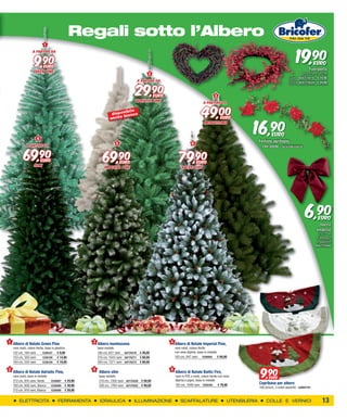 Regali sotto l’Albero
                                                                                                                                                                                              19,90
                          1



                  9,90
                 a partire da


                                                                                                                                                                                                             EURO
                    EURO
                                                                                                                                                                                                        Fuoriporta
                  Green Pine
                                                                                           2                                                                                                    decorazione bacche
                                                                                                                                                                                        cuore RUST119178 € 19,90



                                                                                  29,90
                                                                                   a partire da                                                                                         corona RUST119528 € 24,90


                                                                                                EURO                                     3
                                                                                  Adriatic Pine



                                                                                                                               49,00
                                                                                                                                a partire da

                                                                        nibile
                                                                  dispo bianco



                                                                                                                                                            16,90
                                                                 anch e                                                                       EURO
                                                                                                                                  montezuma


                                                                                                                                                                           EURO
                     4
                                                                                                                                                                 Festone agrifoglio
                                                                     5                                                 6


          69,90
            a partire da                                                                                                                                           con stelle - GESCO06350018



                  SLIM
                         EURO                               69,90        EURO
                                                             IMperial pine
                                                                                                             79,90
                                                                                                               Baltic Fire
                                                                                                                           EURO




                                                                                                                                                                                                     6,90     EURO
                                                                                                                                                                                                               fiocco
                                                                                                                                                                                                             vinaccia
                                                                                                                                                                                                              31x27 cm
                                                                                                                                                                                                             d’appoggio
                                                                                                                                                                                                             in poliestre
                                                                                                                                                                                                             RUST121649




1 Albero di Natale Green Pine                        3 Albero montezuma                                5 Albero di Natale Imperial Pine,
  rami misti, colore Verde, base in plastica             base metallo                                      rami misti, colore Verde
  122 cm, 194 rami       1236127      € 9,90             180 cm, 627 rami bif174270 € 49,00                con neve dipinta, base in metallo
  153 cm, 350 rami       1236128      € 14,90            210 cm, 1043 rami bif174271 € 69,00               183 cm, 847 rami 1226093 € 69,90
  183 cm, 554 rami       1236129      € 19,90            240 cm, 1371 rami bif174273 € 89,00



                                                                                                                                                                  9,90
2 Albero di Natale Adriatic Pine,                    4                                                 6
                                                          Albero slim                                      Albero di Natale Baltic Fire,
  rami misti, base in metallo                             base metallo                                     rami in PVC e misti, colore Verde con neve                   EURO
  213 cm, 918 rami, Verde       1226087    € 29,90        210 cm, 1300 rami bif174250 € 69,90              dipinta e pigne, base in metallo
                                                                                                           183 cm, 1009 rami 1226105 € 79,90                     Copribase per albero 
  183 cm, 808 rami, Bianco      1226089    € 49,90        240 cm, 1764 rami bif174252 € 99,00
                                                                                                                                                                 106,5x5cm, 3 colori assortiti - bif897191
  213 cm, 918 rami, Bianco      1226090    € 59,90


      ELETTRICITA                    FERRAMENTA           IDRAULICA              ILLUMINAZIONE                 SCAFFALATURE                        UTENSILERIA        COLLE E VERNICI                            13
 