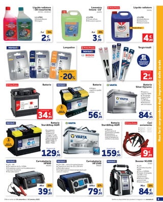 9Verifica la disponibilità dei prodotti in negozio o su norauto.itOfferta valida dal 24 settembre al 14 ottobre 2020
Nonfartisorprenderedagliimprevistidellastrada
447301 / 20248143
Liquido radiatore
-38 rosso/verde
TergicristalliLampadine
MONTAGGIO
IMMEDIATO
GRATUITO!
2,49
€
A partire da
2,29
3,49 -34%
€
• 1 LITRO
• Antiebollizione
• Antigelo
762501
Liquido radiatore
• 5 LITRI
• Antiebollizione
• Antischiuma
• Anticorrosione
4,89
€
Pronto all’uso
Lavavetro
limone -15°
3,99
4,99 -20%
€
243575
• 5 LITRI
• Pronto all’uso
• Rimuove lo sporco
Batterie
• Supera i
requisiti OEM
• Tecnologia	
Powerframe
• Migliore
conducibilità
• Resistenza
alla corrosione
Batterie
Silver Dynamic
84,95
€
A partire da
• Miglior
rapporto qualità
prezzo
Batterie
56,95
€
A partire da
3
ANNI DI
GARANZIA
Batterie
Start&Stop AGM
• La batteria
AGM ha una
resistenza al
ciclaggio 3 volte
superiore ad una
batteria standard
• Disponibile da:
60Ah / 70Ah /
80Ah / 95Ah
129,95
€
A partire da
3
ANNI DI
GARANZIA
• Massima
performance di
avviamento a freddo
• Garantisce il
funzionamento di
tutte le dotazioni di
comfort e sicurezza
159,95
€
A partire da
Caricabatterie
HF600• 12V - 6A
• Per batterie da 6 a 120Ah
• Protezione contro surriscaldamento e
inversioni di polarità
• Test alternatore
940282
39,95
49,95 -20%
€
Caricabatterie
HF1500• 12V 15A - carica di mantenimento
• Capacità di carica da 20 a 250 A/h
• Test alternatore
• Compensazione basse temperature per
carica in inverno
940283
79,95
109,95 -27%
€
Booster N1200
• 12V
• Corrente di punta
600A
• Fino a 1200Ah
• Dotato di lampada,
2xUSB e mini
compressore
• Ricarica USB o
presa di rete
• Schermo LCD
45260
84,95
99,95 -15%
€
• 10mm2
- 2,5 m
• 16mm2
- 3,0 m
• 25mm2
- 3,5 m
Batterie
Start&Stop AGM
9,95
€
A partire da
Cavi
avviamento
-20%
Su tutta la gamma
34,95
€
A partire da
 