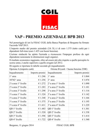 VAP - PREMIO AZIENDALE BPB 2013
Nel pomeriggio di ieri la FISAC CGIL della Banca Popolare di Bergamo ha firmato
l'accordo VAP 2013.
L'importo medio del premio aziendale (3A 3L) è di euro 1.375 (tutto cash) per i
dipendenti full-time (euro 1.425 con buoni benzina).
L'azione sindacale ha spinto l'azienda a riconoscere l'impegno profuso da ogni
dipendente nonostante le diminuzioni negli organici.
Il risultato economico raggiunto, oltre ad essere più alto rispetto a quello percepito lo
scorso anno, è anche superiore a quello erogato nel 2012.
Di seguito si riportano le tabelle secondo gli inquadramenti.
Opzione A (importo cash) Ozione B (cash + buono benzina 230€)
Inquadramento Importo premio Inquadramento Importo premio
1^ area € 1.246 1^ area € 1.064
10742^ area € 1.256 2^ area € 1.074
2^a area 1° livello € 1.272 2^a area 1° livello € 1.090
2^a area 2° livello € 1.283 2^a area 2° livello € 1.101
2^a area 3° livello € 1.298 2^a area 3° livello € 1.116
3^a area 1° livello € 1.324 3^a area 1° livello € 1.142
3^a area 2° livello € 1.348 3^a area 2° livello € 1.166
3^a area 3° livello € 1.375 3^a area 3° livello € 1.195
3^a area 4° livello € 1.411 3^a area 4° livello € 1.229
QD 1° livello € 1.483 QD 1° livello € 1.301
QD 2° livello € 1.520 QD 2° livello € 1.338
QD 3° livello € 1.596 QD 3° livello € 1.414
QD 4° livello € 1.722 QD 4° livello € 1.540
Bergamo, 11 giugno 2014 FISAC CGIL BPB
 