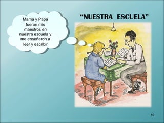 Mamá y Papá       “NUESTRA ESCUELA”
    fueron mis
   maestros en
nuestra escuela y
 me enseñaron a
  leer y escribir




                                        10
 