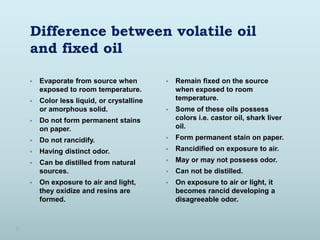 Difference between volatile oil
and fixed oil
 Evaporate from source when
exposed to room temperature.
 Color less liquid, or crystalline
or amorphous solid.
 Do not form permanent stains
on paper.
 Do not rancidify.
 Having distinct odor.
 Can be distilled from natural
sources.
 On exposure to air and light,
they oxidize and resins are
formed.
 Remain fixed on the source
when exposed to room
temperature.
 Some of these oils possess
colors i.e. castor oil, shark liver
oil.
 Form permanent stain on paper.
 Rancidified on exposure to air.
 May or may not possess odor.
 Can not be distilled.
 On exposure to air or light, it
becomes rancid developing a
disagreeable odor.
 