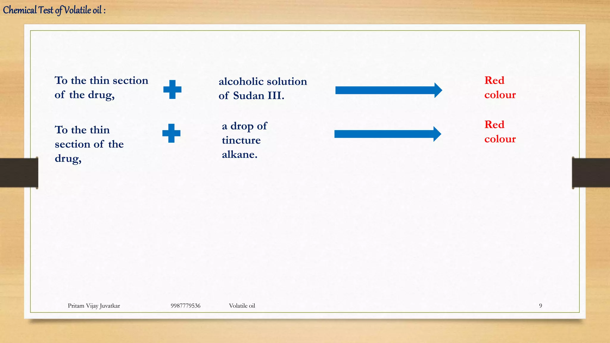 Pritam Vijay Juvatkar 9987779536 Volatile oil 9
Chemical Test of Volatile oil :
To the thin section
of the drug,
alcoholic solution
of Sudan III.
Red
colour
To the thin
section of the
drug,
a drop of
tincture
alkane.
Red
colour
 