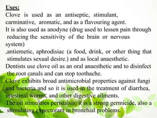 Uses:
Clove is used as an antiseptic, stimulant,
carminative, aromatic, and as a flavouring agent.
It is also used as anodyne (drug used to lessen pain through
reducing the sensitivity of the brain or nervous
system)
,antiemetic, aphrodisiac (a food, drink, or other thing that
stimulates sexual desire.) and as local anaesthetic.
Dentists use clove oil as an oral anaesthetic and to disinfect
the root canals and can stop toothache.
Clove exhibits broad antimicrobial properties against fungi
and bacteria and so it is used in the treatment of diarrhea,
intestinal worms, and other digestive ailments.
The oil stimulates peristalsis; it is a strong germicide, also a
stimulating expectorant in bronchial problems.
 