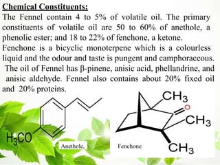 Chemical Constituents:
The Fennel contain 4 to 5% of volatile oil. The primary
constituents of volatile oil are 50 to 60% of anethole, a
phenolic ester; and 18 to 22% of fenchone, a ketone.
Fenchone is a bicyclic monoterpene which is a colourless
liquid and the odour and taste is pungent and camphoraceous.
The oil of Fennel has β-pinene, anisic acid, phellandrine, and
anisic aldehyde. Fennel also contains about 20% fixed oil
and 20% proteins.
Anethole, Fenchone
 