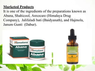 Marketed Products
It is one of the ingredients of the preparations known as
Abana, Shahicool, Anxocare (Himalaya Drug
Company), Jalifaladi bati (Baidyanath), and Hajmola,
Janum Gunti (Dabur).
 