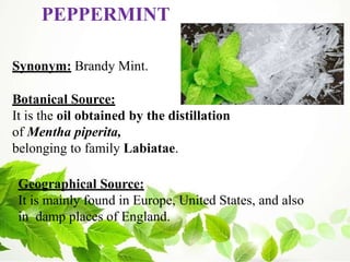 PEPPERMINT
Synonym: Brandy Mint.
Botanical Source:
It is the oil obtained by the distillation
of Mentha piperita,
belonging to family Labiatae.
Geographical Source:
It is mainly found in Europe, United States, and also
in damp places of England.
 