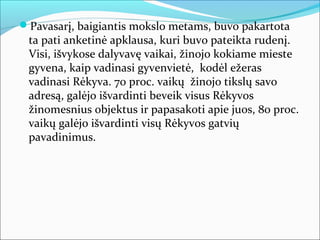 Pavasarį, baigiantis mokslo metams, buvo pakartota
 ta pati anketinė apklausa, kuri buvo pateikta rudenį.
 Visi, išvykose dalyvavę vaikai, žinojo kokiame mieste
 gyvena, kaip vadinasi gyvenvietė, kodėl ežeras
 vadinasi Rėkyva. 70 proc. vaikų žinojo tikslų savo
 adresą, galėjo išvardinti beveik visus Rėkyvos
 žinomesnius objektus ir papasakoti apie juos, 80 proc.
 vaikų galėjo išvardinti visų Rėkyvos gatvių
 pavadinimus.
 