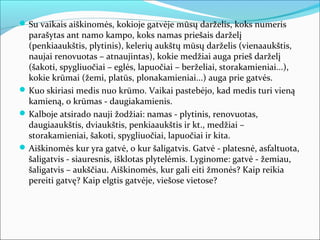  Su vaikais aiškinomės, kokioje gatvėje mūsų darželis, koks numeris
  parašytas ant namo kampo, koks namas priešais darželį
  (penkiaaukštis, plytinis), kelerių aukštų mūsų darželis (vienaaukštis,
  naujai renovuotas – atnaujintas), kokie medžiai auga prieš darželį
  (šakoti, spygliuočiai – eglės, lapuočiai – berželiai, storakamieniai...),
  kokie krūmai (žemi, platūs, plonakamieniai...) auga prie gatvės.
 Kuo skiriasi medis nuo krūmo. Vaikai pastebėjo, kad medis turi vieną
  kamieną, o krūmas - daugiakamienis.
 Kalboje atsirado nauji žodžiai: namas - plytinis, renovuotas,
  daugiaaukštis, dviaukštis, penkiaaukštis ir kt., medžiai –
  storakamieniai, šakoti, spygliuočiai, lapuočiai ir kita.
 Aiškinomės kur yra gatvė, o kur šaligatvis. Gatvė - platesnė, asfaltuota,
  šaligatvis - siauresnis, išklotas plytelėmis. Lyginome: gatvė - žemiau,
  šaligatvis – aukščiau. Aiškinomės, kur gali eiti žmonės? Kaip reikia
  pereiti gatvę? Kaip elgtis gatvėje, viešose vietose?
 