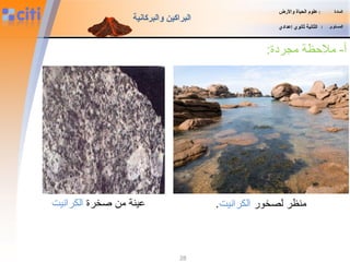 ‫المادة‬:‫والضرض‬ ‫الحياة‬ ‫علوم‬
‫المستوى‬:‫إعدادي‬ ‫ثانوي‬ ‫الثانية‬
‫والبركانية‬ ‫البراكين‬
28
:‫مجردة‬ ‫ملحظة‬ -‫أ‬
‫ةصخرة‬ ‫من‬ ‫رمطلا ةقطنم ىوتسم ىلعينة‬‫الكرانيت‬ ‫لصخور‬ ‫منظر‬‫الكرانيت‬.
 
