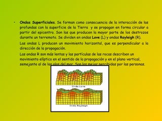 Ondas Superficiales . Se forman como consecuencia de la interacción de las profundas con la superficie de la Tierra  y se propagan en forma circular a partir del epicentro. Son las que producen la mayor parte de los destrozos durante un terremoto. Se dividen en ondas  Love  (L) y ondas  Rayleigh  (R). Las ondas L producen un movimiento horizontal, que es perpendicular a la dirección de la propagación. Las ondas R son más lentas y las partículas de las rocas describen un movimiento elíptico en el sentido de la propagación y en el plano vertical, semejante al de las olas del mar. Son las mejor percibidas por las personas.  