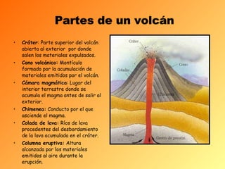 Partes de un volcán Cráter : Parte superior del volcán abierta al exterior  por donde salen los materiales expulsados. Cono volcánico:  Montículo formado por la acumulación de materiales emitidos por el volcán. Cámara magmática : Lugar del interior terrestre donde se acumula el magma antes de salir al exterior. Chimenea:  Conducto por el que asciende el magma. Colada de lava:  Ríos de lava procedentes del desbordamiento de la lava acumulada en el cráter. Columna eruptiva:  Altura alcanzada por los materiales emitidos al aire durante la erupción. 
