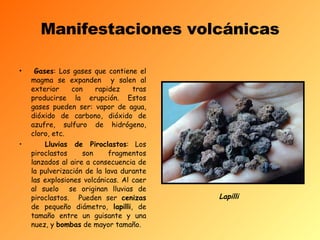 Manifestaciones volcánicas Gases : Los gases que contiene el magma se expanden  y salen al exterior con rapidez tras producirse la erupción. Estos gases pueden ser: vapor de agua, dióxido de carbono, dióxido de azufre, sulfuro de hidrógeno, cloro, etc.  Lluvias de Piroclastos : Los piroclastos son fragmentos lanzados al aire a consecuencia de la pulverización de la lava durante las explosiones volcánicas. Al caer al suelo  se originan lluvias de piroclastos.  Pueden ser  cenizas  de pequeño diámetro,  lapilli , de tamaño entre un guisante y una nuez, y  bombas  de mayor tamaño. Lapilli 