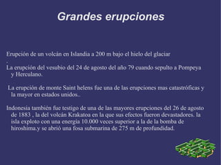 Grandes erupciones


Erupción de un volcán en Islandia a 200 m bajo el hielo del glaciar
.
La erupción del vesubio del 24 de agosto del año 79 cuando sepulto a Pompeya
  y Herculano.

La erupción de monte Saint helens fue una de las erupciones mas catastróficas y
 la mayor en estados unidos..

Indonesia también fue testigo de una de las mayores erupciones del 26 de agosto
  de 1883 , la del volcán Krakatoa en la que sus efectos fueron devastadores. la
  isla exploto con una energía 10.000 veces superior a la de la bomba de
  hiroshima.y se abrió una fosa submarina de 275 m de profundidad.
 