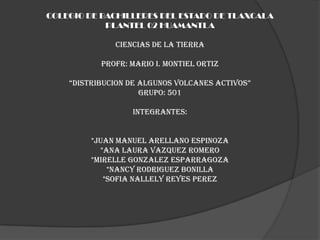 COLEGIO DE BACHILLERES DEL ESTADO DE TLAXCALA
            PLANTEL 02 HUAMANTLA

              CIENCIAS DE LA TIERRA

           PROFR: MARIO I. MONTIEL ORTIZ

    “DISTRIBUCION DE ALGUNOS VOLCANES ACTIVOS”
                     GRUPO: 501

                  INTEGRANTES:


         *JUAN MANUEL ARELLANO ESPINOZA
           *ANA LAURA VAZQUEZ ROMERO
         *MIRELLE GONZALEZ ESPARRAGOZA
             *NANCY RODRIGUEZ BONILLA
            *SOFIA NALLELY REYES PEREZ
 