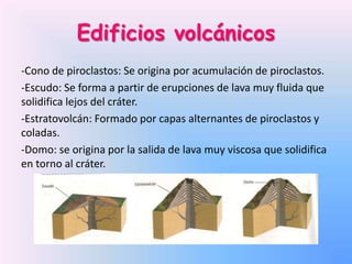 Edificios volcánicos
-Cono de piroclastos: Se origina por acumulación de piroclastos.
-Escudo: Se forma a partir de erupciones de lava muy fluida que
solidifica lejos del cráter.
-Estratovolcán: Formado por capas alternantes de piroclastos y
coladas.
-Domo: se origina por la salida de lava muy viscosa que solidifica
en torno al cráter.

 