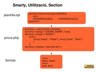 Smarty, Utilització, Section

                   {section name=line loop=$DADES}
plantilla.tpl          <br>
                       {$DADES[line][0]},   {$DADES[line][1]}
                   {/section}


                $smarty = new Smarty_template ;
                $smarty->assign (“USUARI_ADMIN”, true);
                $smarty->assign (“DADES”,
                   array (
prova.php              array(“Josep”, “Pepet”), array(“Jordi”, “Bosc”)
                       )
                   );
                $smarty->display (“plantilla.tpl”);




                               <br>
 Sortida                       Josep, Pepet
                               <br>
                               Jordi, Bosc
 