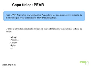 Capa física: PEAR

   Pear  :PHP  Extension  and  Aplication  Repository,  és  un  framework  i  sistema  de 
   distribució per crear components de PHP reutilitzables.



   D'entre d'altres funcionalitats destaquem la d'independitzar i encapsular la base de 
   dades:

       ­Mysql
       ­Postgres
       ­Oracle
       ­Sqlite
       ­ ...




pear.php.net
 
