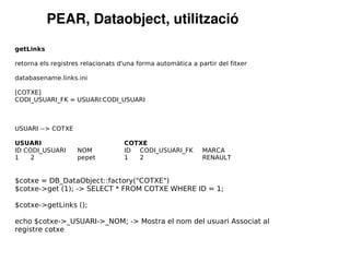 PEAR, Dataobject, utilització
getLinks

retorna els registres relacionats d'una forma automàtica a partir del fitxer

databasename.links.ini

[COTXE]
CODI_USUARI_FK = USUARI:CODI_USUARI



USUARI --> COTXE

USUARI                             COTXE
ID CODI_USUARI      NOM            ID CODI_USUARI_FK         MARCA
1    2              pepet          1  2                      RENAULT


$cotxe = DB_DataObject::factory("COTXE")
$cotxe->get (1); -> SELECT * FROM COTXE WHERE ID = 1;

$cotxe->getLinks ();

echo $cotxe->_USUARI->_NOM; -> Mostra el nom del usuari Associat al
registre cotxe
 