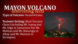 MAYON VOLCANO
Type of Volcano: Stratovolcano
Tectonic Setting: Bicol Volcanic
Chain (including Mt. Isarog and
Mt. Iriga in Camarines Sur, Mt.
Malinao and Mt. Masaraga in
Albay and Mt. Bulusan in
Sorsogon)
 