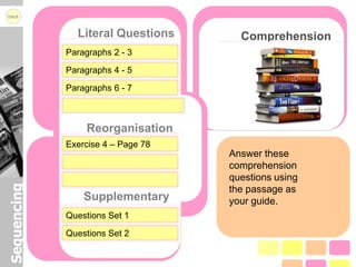 back


               Literal Questions      Comprehension
             Paragraphs 2 - 3

             Paragraphs 4 - 5

             Paragraphs 6 - 7



                  Reorganisation
             Exercise 4 – Page 78
                                    Answer these
                                    comprehension
                                    questions using
Sequencing




                                    the passage as
                 Supplementary      your guide.
             Questions Set 1
             Questions Set 2
 