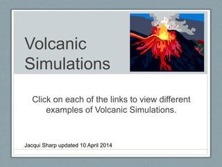 Volcanic
Simulations
Click on each of the links to view different
examples of Volcanic Simulations.
Jacqui Sharp updated 10 April 2014
 