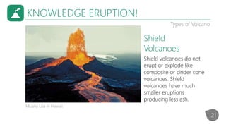 KNOWLEDGE ERUPTION!
Shield volcanoes do not
erupt or explode like
composite or cinder cone
volcanoes. Shield
volcanoes have much
smaller eruptions
producing less ash.
Types of Volcano
Shield
Volcanoes
Muana Loa in Hawaii.
21
 