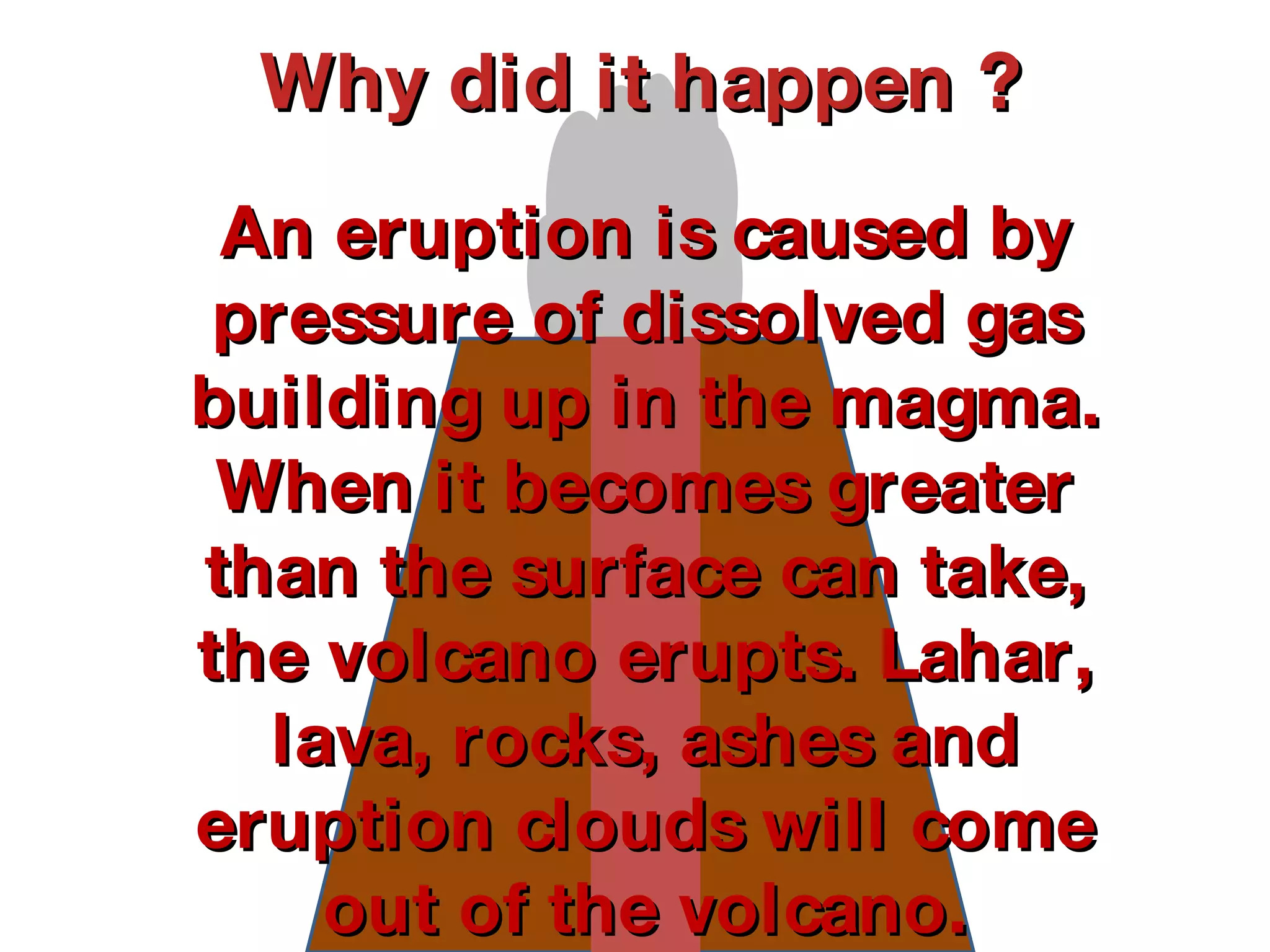 Why did it happen ? An eruption is caused by pressure of dissolved gas building up in the magma. When it becomes greater than the surface can take, the volcano erupts. Lahar, lava, rocks, ashes and eruption clouds will come out of the volcano. 