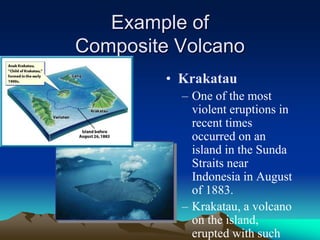 Example of
Composite Volcano
• Krakatau
– One of the most
violent eruptions in
recent times
occurred on an
island in the Sunda
Straits near
Indonesia in August
of 1883.
– Krakatau, a volcano
on the island,
erupted with such
 