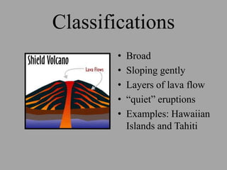 Classifications
        •   Broad
        •   Sloping gently
        •   Layers of lava flow
        •   “quiet” eruptions
        •   Examples: Hawaiian
            Islands and Tahiti
 