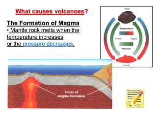 What causes volcanoes?
The Formation of Magma
• Mantle rock melts when the
temperature increases
or the pressure decreases.
 