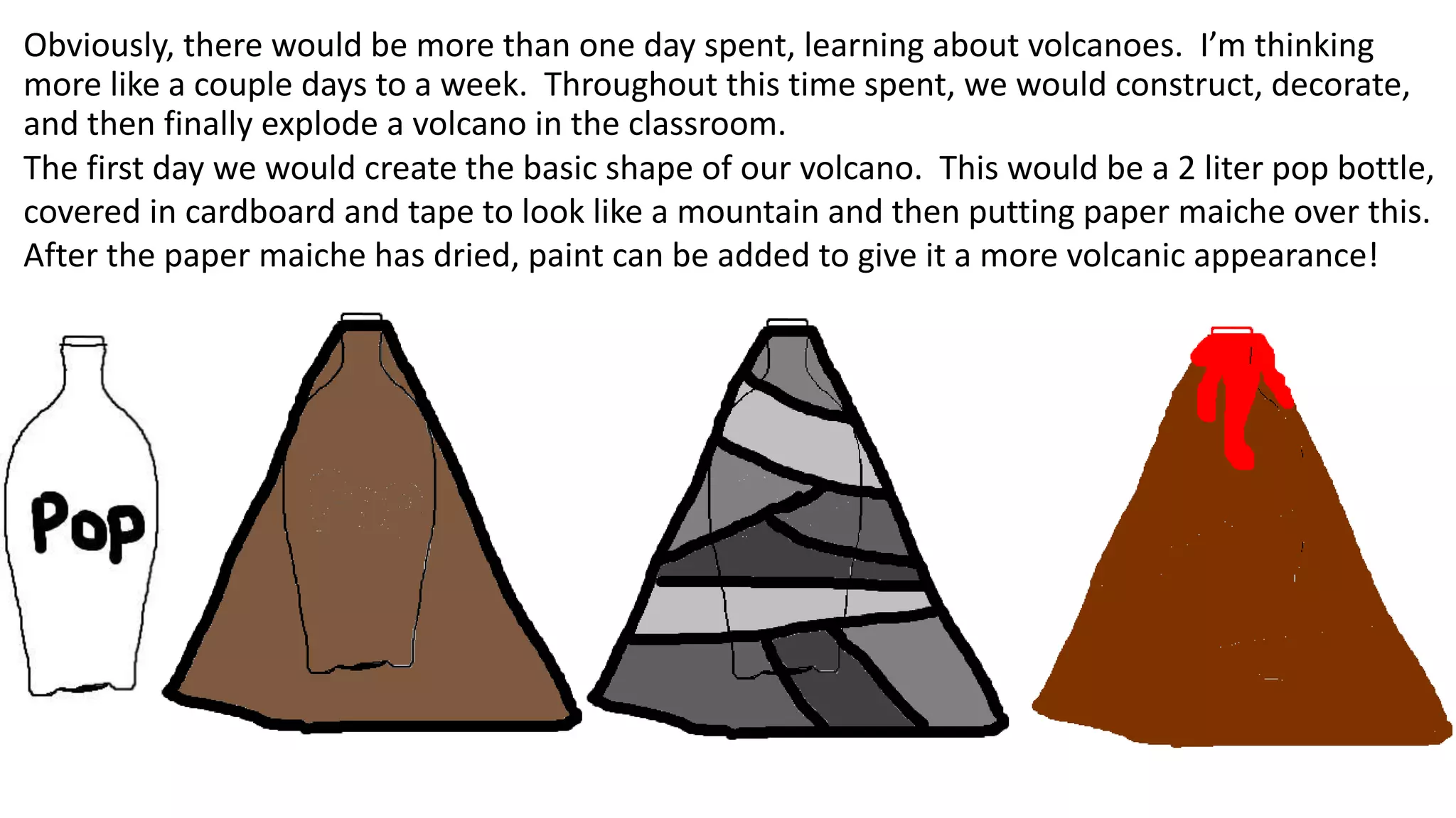 Obviously, there would be more than one day spent, learning about volcanoes. I’m thinking
more like a couple days to a week. Throughout this time spent, we would construct, decorate,
and then finally explode a volcano in the classroom.
The first day we would create the basic shape of our volcano. This would be a 2 liter pop bottle,
covered in cardboard and tape to look like a mountain and then putting paper maiche over this.
After the paper maiche has dried, paint can be added to give it a more volcanic appearance!

 