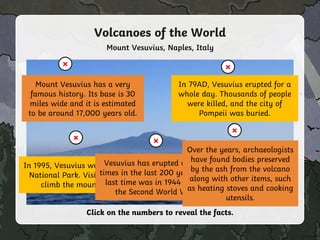 2
1
Mount Vesuvius, Naples, Italy
Mount Vesuvius has a very
famous history. Its base is 30
miles wide and it is estimated
to be around 17,000 years old.
×
Click on the numbers to reveal the facts.
In 79AD, Vesuvius erupted for a
whole day. Thousands of people
were killed, and the city of
Pompeii was buried.
×
5
3
In 1995, Vesuvius was made a
National Park. Visitors can
climb the mountain.
× 4
Vesuvius has erupted over 50
times in the last 200 years. The
last time was in 1944 during
the Second World War.
×
Volcanoes of the World
Over the years, archaeologists
have found bodies preserved
by the ash from the volcano
along with other items, such
as heating stoves and cooking
utensils.
×
 