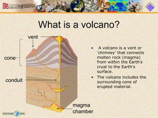 What is a volcano?
• A volcano is a vent or
'chimney' that connects
molten rock (magma)
from within the Earth’s
crust to the Earth's
surface.
• The volcano includes the
surrounding cone of
erupted material.
vent
cone
magma
chamber
conduit
 