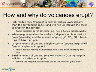 How and why do volcanoes erupt?
• Hot, molten rock (magma) is buoyant (has a lower density
than the surrounding rocks) and will rise up through the crust
to erupt on the surface.
– Same principle as hot air rising, e.g. how a hot air balloon works
• When magma reaches the surface it depends on how easily it
flows (viscosity) and the amount of gas (H2O, CO2, S) it has in
it as to how it erupts.
• Large amounts of gas and a high viscosity (sticky) magma will
form an explosive eruption!
– Think about shaking a carbonated drink and then releasing the
cap.
• Small amounts of gas and (or) low viscosity (runny) magma
will form an effusive eruption
– Where the magma just trickles out of the volcano (lava flow).
 