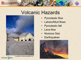 • Pyroclastic flow
• Lahars/Mud flows
• Pyroclastic fall
• Lava flow
• Noxious Gas
• Earthquakes
Volcanic Hazards
Courtesy of www.swisseduc.ch
 