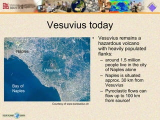 Vesuvius today
• Vesuvius remains a
hazardous volcano
with heavily populated
flanks:
– around 1.5 million
people live in the city
of Naples alone
– Naples is situated
approx. 30 km from
Vesuvius
– Pyroclastic flows can
flow up to 100 km
from source!
Bay of
Naples
Vesuvius
Naples
Courtesy of www.swisseduc.ch
 