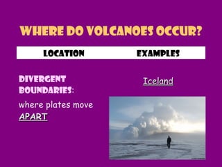 Where do Volcanoes Occur?
location Examples
Divergent
Boundaries:
where plates move
APARTAPART
IcelandIceland
 