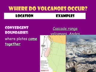 Where do Volcanoes Occur?
location Examples
convergent
Boundaries:
where plates comecome
togethertogether
Cascade rangeCascade range
volcanoes, Andesvolcanoes, Andes
 