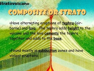 Composite or stratoComposite or strato
oHave alternating eruptions of tephra (air-
borne) and lava. The tephra adds height to the
volcano and the lava cements the tephra
together and adds to the base.
oFound mostly in subduction zones and have
violent eruptions.
 