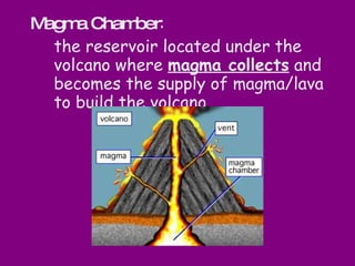 Magma Chamber :  the reservoir located under the volcano where  magma collects  and becomes the supply of magma/lava to build the volcano 