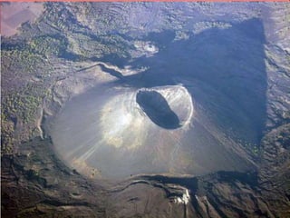2. Cinder Volcano
 is a steep conical hill of loose pyroclastic fragments, such as either volcanic
clinkers, cinders, volcanic ash, or scoria that has been built around a volcanic vent.
 
