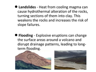 Landslides - Heat from cooling magma can
cause hydrothermal alteration of the rocks,
turning sections of them into clay. This
weakens the rocks and increases the risk of
slope failures.
Flooding - Explosive eruptions can change
the surface areas around a volcano and
disrupt drainage patterns, leading to long-
term flooding.
 