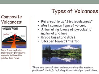 Composite
Volcanoes:
Form from explosive
eruptions of pyroclastic
material followed by
quieter lava flows.
Types of Volcanoes
• Referred to as “Stratovolcanoes”
• Most common type of volcano
• Alternating layers of pyroclastic
material and lava
• Broad bases and sides
• Steeper towards the top
There are several stratovolcanoes along the western
portion of the U.S. including Mount Hood pictured above.
 