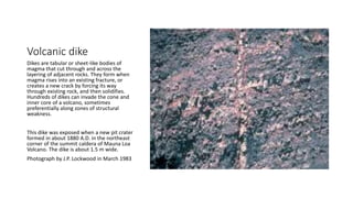 Volcanic dike
Dikes are tabular or sheet-like bodies of
magma that cut through and across the
layering of adjacent rocks. They form when
magma rises into an existing fracture, or
creates a new crack by forcing its way
through existing rock, and then solidifies.
Hundreds of dikes can invade the cone and
inner core of a volcano, sometimes
preferentially along zones of structural
weakness.
This dike was exposed when a new pit crater
formed in about 1880 A.D. in the northeast
corner of the summit caldera of Mauna Loa
Volcano. The dike is about 1.5 m wide.
Photograph by J.P. Lockwood in March 1983
 