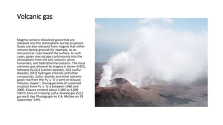 Volcanic gas
Magma contains dissolved gases that are
released into the atmosphere during eruptions.
Gases are also released from magma that either
remains below ground (for example, as an
intrusion) or rises toward the surface. In such
cases, gases may escape continuously into the
atmosphere from the soil, volcanic vents,
fumaroles, and hydrothermal systems. The most
common gas released by magma is steam (H2O),
followed by CO2 (carbon dioxide), SO2 (sulfur
dioxide), (HCl) hydrogen chloride and other
compounds. Sulfur dioxide and other volcanic
gases rise from the Pu`u `O`o vent on Kilauea
Volcano, Hawai`i. During periods of sustained
eruption from Pu`u `O`o between 1986 and
2000, Kilauea emitted about 2,000 to 1,000
metric tons of irritating sulfur dioxide gas (SO2)
gas each day. Photograph by K.A. McGee on 19
September 1995
 