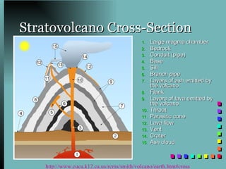 Stratovolcano Cross-Section Large magma chamber Bedrock Conduit (pipe) Base Sill Branch pipe Layers of ash emitted by the volcano Flank Layers of lava emitted by the volcano Throat Parasitic cone Lava flow Vent Crater Ash cloud http://www.cuca.k12.ca.us/rcms/smith/volcano/earth.htm#cross   
